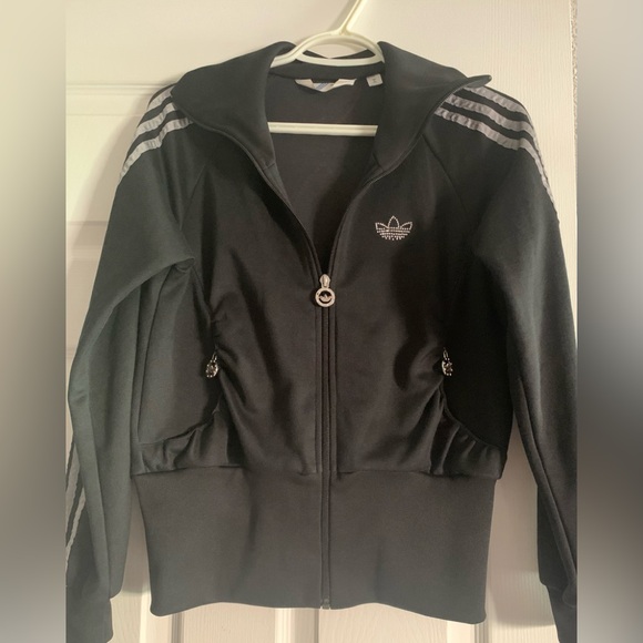 Adidas Short track jacket with silver stripes rhinestone logo. Full zip closure. - Picture 1 of 1